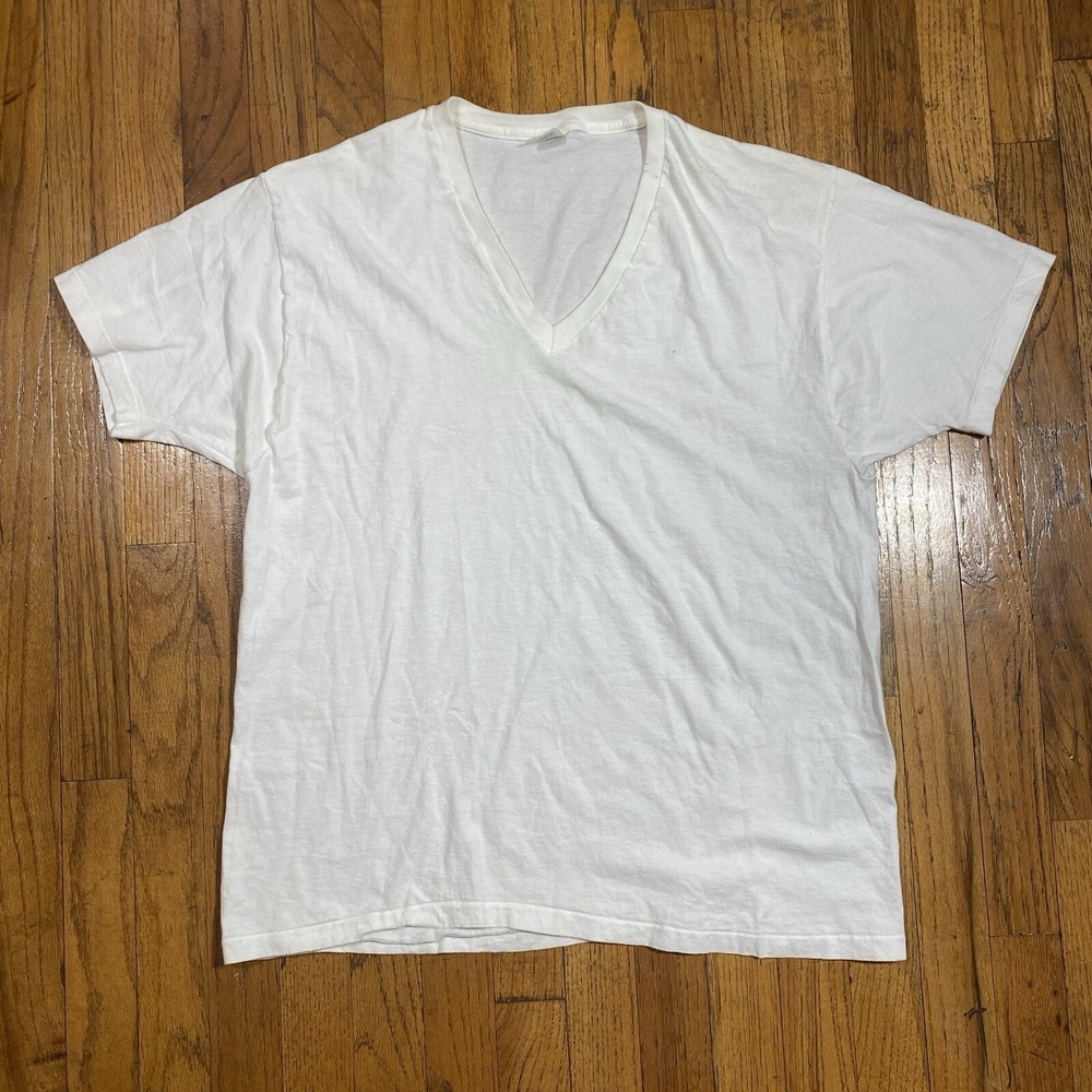 Vintage Plain White V Neck Tee Shirt XL Made in USA Single Stitch Jockey